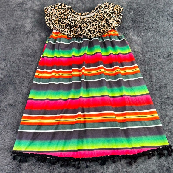 Other Other - Botique Girls 3T-4T Serape Leopard Multi Color Maxi Dress Black Fringe